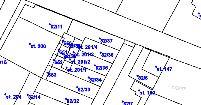Parcela st. 82/36 v KÚ Lesonice, Katastrální mapa
