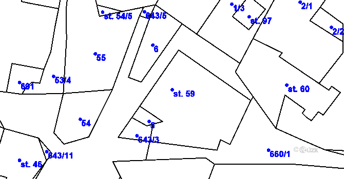 Parcela st. 59 v KÚ Kořen, Katastrální mapa