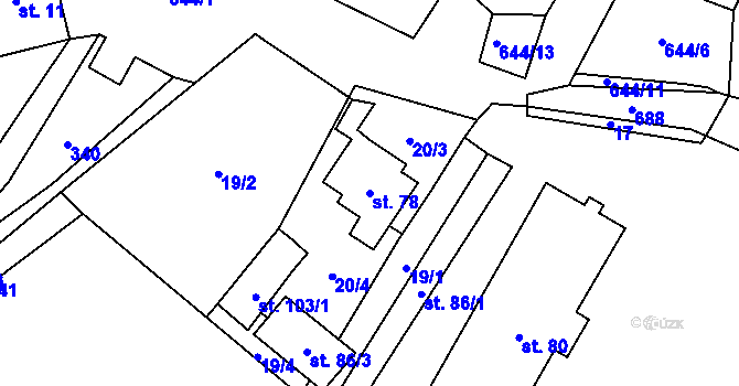 Parcela st. 78 v KÚ Kořen, Katastrální mapa