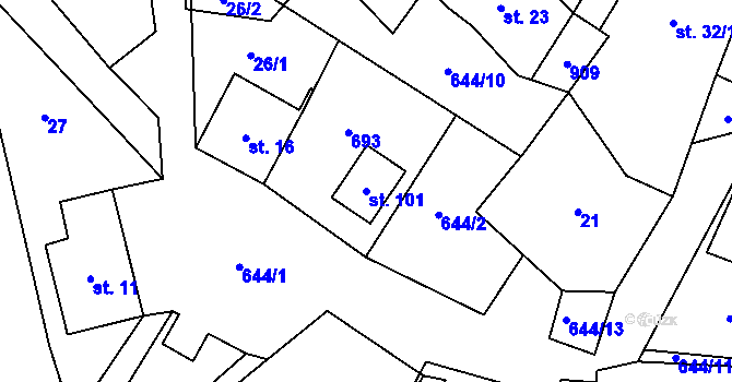 Parcela st. 101 v KÚ Kořen, Katastrální mapa