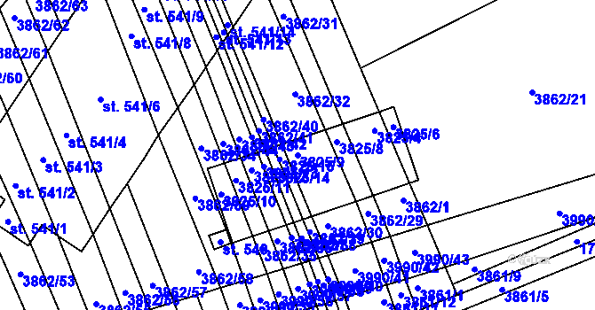 Parcela st. 3825/9 v KÚ Letonice, Katastrální mapa