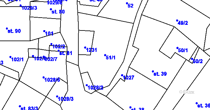 Parcela st. 51/1 v KÚ Levín u Litoměřic, Katastrální mapa