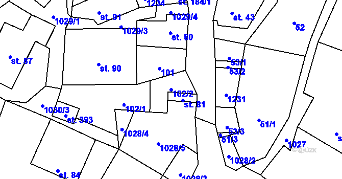 Parcela st. 102/2 v KÚ Levín u Litoměřic, Katastrální mapa