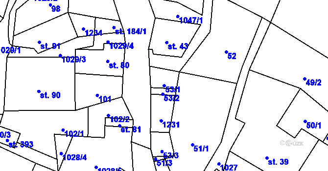 Parcela st. 53/1 v KÚ Levín u Litoměřic, Katastrální mapa