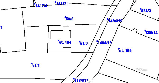 Parcela st. 51/3 v KÚ Lhenice, Katastrální mapa