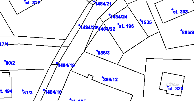 Parcela st. 886/3 v KÚ Lhenice, Katastrální mapa