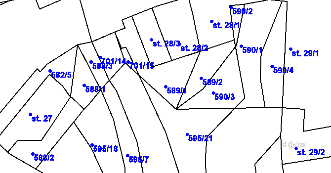 Parcela st. 589/1 v KÚ Třešňový Újezdec, Katastrální mapa
