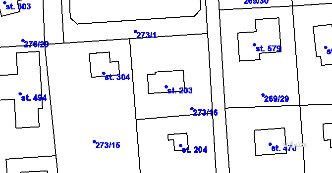 Parcela st. 203 v KÚ Lhota u Dřís, Katastrální mapa