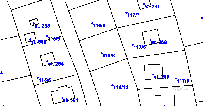 Parcela st. 116/8 v KÚ Lhota u Dřís, Katastrální mapa