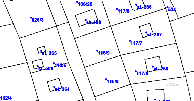 Parcela st. 116/9 v KÚ Lhota u Dřís, Katastrální mapa