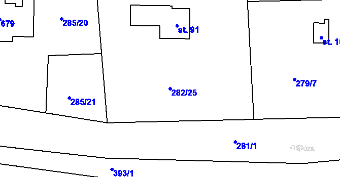 Parcela st. 282/25 v KÚ Lhota u Dřís, Katastrální mapa