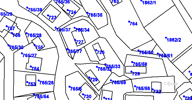 Parcela st. 726 v KÚ Lhota u Dobřan, Katastrální mapa