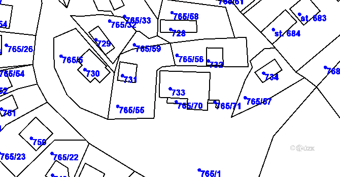 Parcela st. 733 v KÚ Lhota u Dobřan, Katastrální mapa