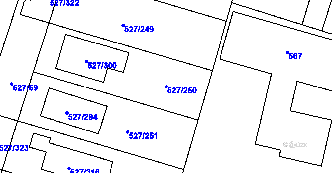 Parcela st. 527/250 v KÚ Lhota u Dobřan, Katastrální mapa