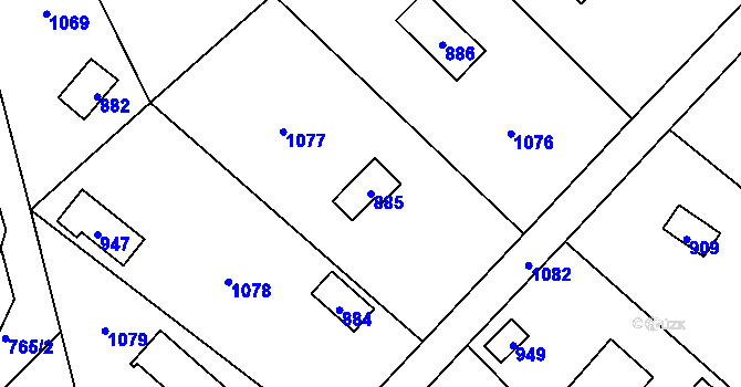 Parcela st. 885 v KÚ Lhota u Dobřan, Katastrální mapa