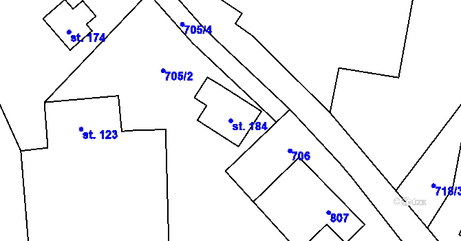 Parcela st. 184 v KÚ Vestec u Hořiček, Katastrální mapa