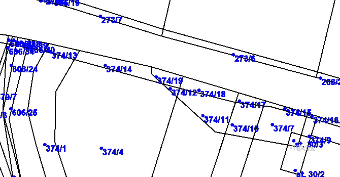 Parcela st. 374/12 v KÚ Lhota pod Přeloučí, Katastrální mapa