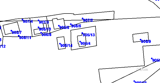 Parcela st. 905/4 v KÚ Lhota pod Radčem, Katastrální mapa