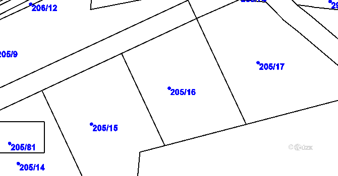 Parcela st. 205/16 v KÚ Chýnov, Katastrální mapa