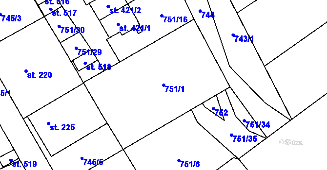 Parcela st. 751/1 v KÚ Liběchov, Katastrální mapa
