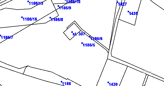 Parcela st. 1186/5 v KÚ Liběchov, Katastrální mapa