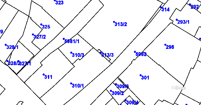 Parcela st. 313/3 v KÚ Liberec, Katastrální mapa