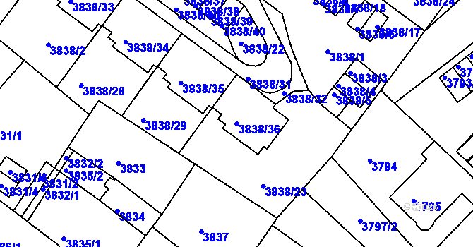Parcela st. 3838/36 v KÚ Liberec, Katastrální mapa