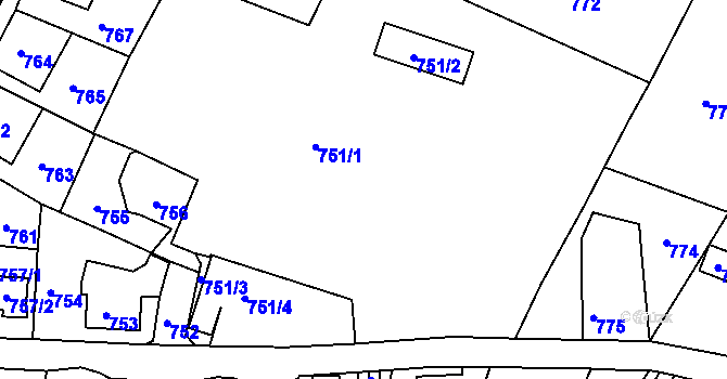 Parcela st. 751/1 v KÚ Ruprechtice, Katastrální mapa