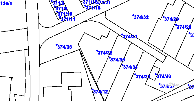Parcela st. 374/36 v KÚ Dolní Hanychov, Katastrální mapa