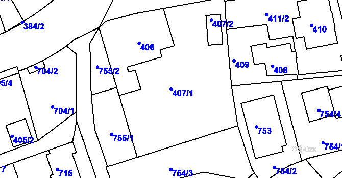 Parcela st. 407/1 v KÚ Dolní Hanychov, Katastrální mapa