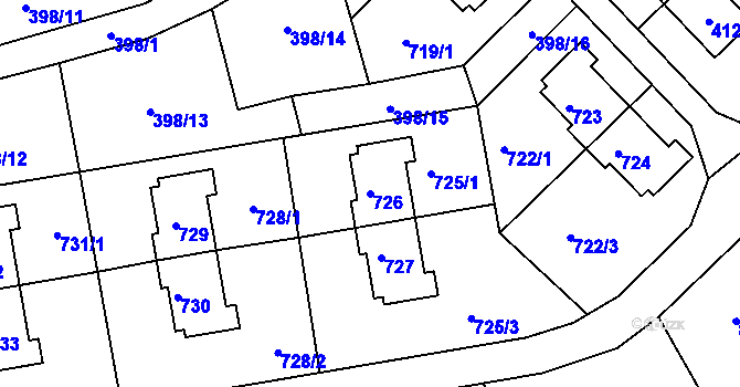 Parcela st. 726 v KÚ Dolní Hanychov, Katastrální mapa