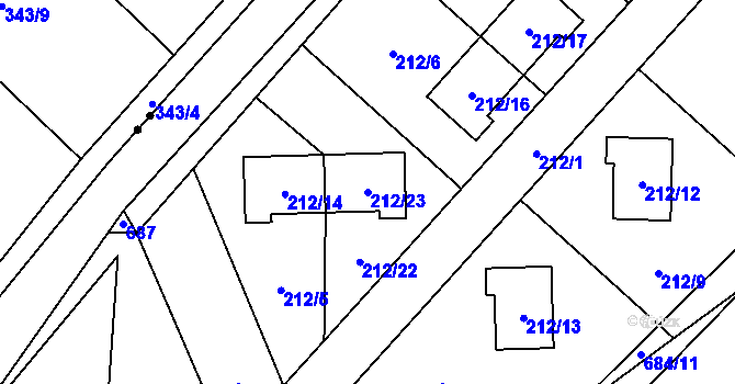 Parcela st. 212/23 v KÚ Dolní Hanychov, Katastrální mapa