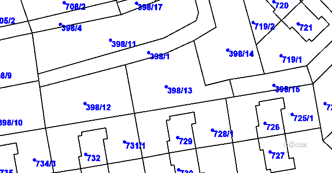 Parcela st. 398/13 v KÚ Dolní Hanychov, Katastrální mapa
