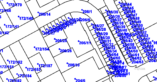 Parcela st. 206/11 v KÚ Dolní Hanychov, Katastrální mapa