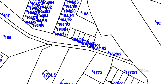 Parcela st. 104/100 v KÚ Starý Harcov, Katastrální mapa