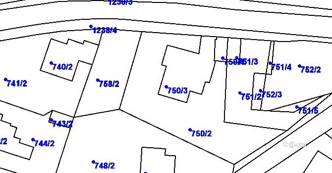 Parcela st. 750/3 v KÚ Starý Harcov, Katastrální mapa