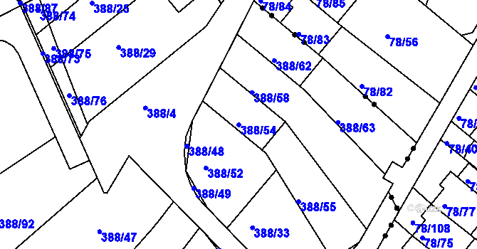 Parcela st. 388/54 v KÚ Horní Hanychov, Katastrální mapa