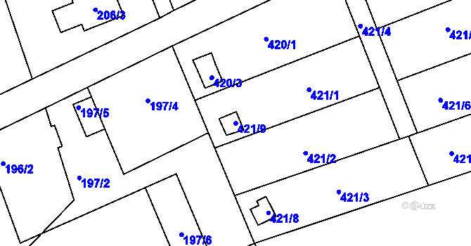 Parcela st. 421/9 v KÚ Horní Hanychov, Katastrální mapa