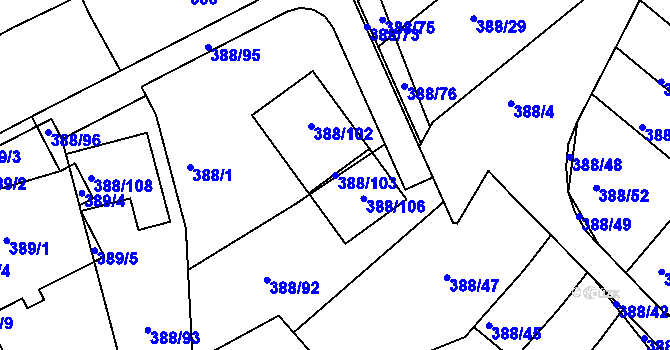 Parcela st. 388/103 v KÚ Horní Hanychov, Katastrální mapa