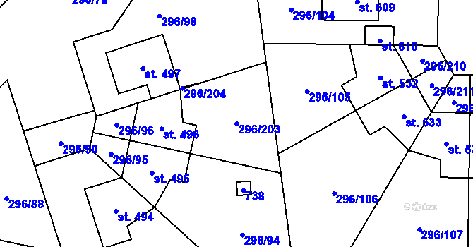 Parcela st. 296/203 v KÚ Libeř, Katastrální mapa