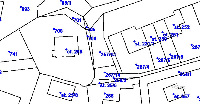 Parcela st. 257/13 v KÚ Libeř, Katastrální mapa