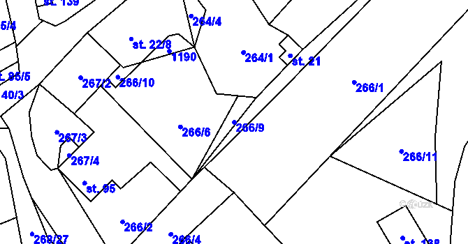 Parcela st. 266/9 v KÚ Kluček, Katastrální mapa