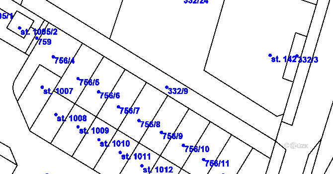Parcela st. 332/9 v KÚ Líbeznice, Katastrální mapa