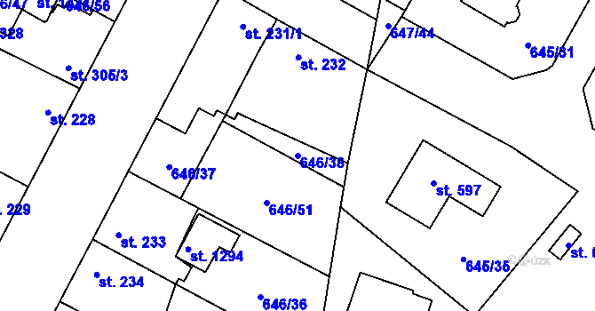 Parcela st. 646/38 v KÚ Líbeznice, Katastrální mapa