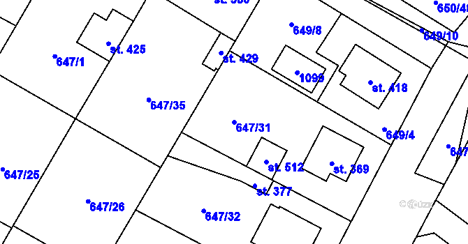 Parcela st. 647/31 v KÚ Líbeznice, Katastrální mapa