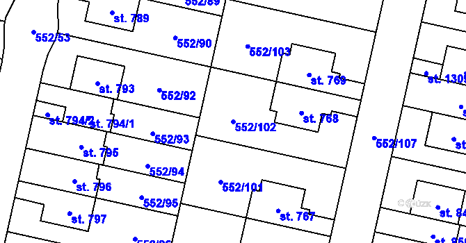 Parcela st. 552/102 v KÚ Líbeznice, Katastrální mapa