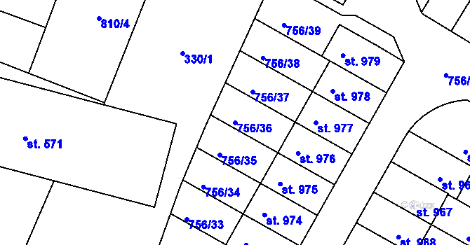 Parcela st. 756/36 v KÚ Líbeznice, Katastrální mapa