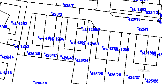 Parcela st. 1298/1 v KÚ Líbeznice, Katastrální mapa