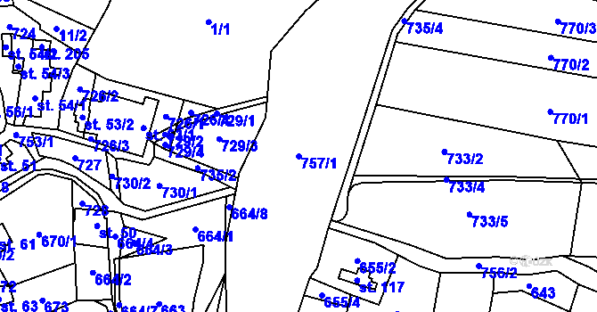 Parcela st. 757/1 v KÚ Obědné, Katastrální mapa