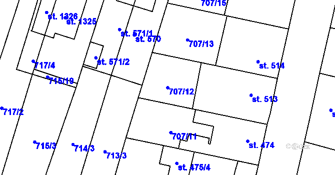 Parcela st. 707/12 v KÚ Libochovice, Katastrální mapa